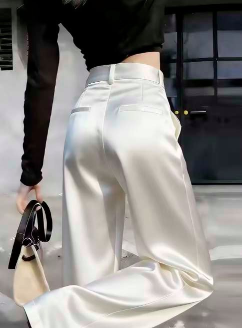 Women's white high-waist satin-look wide-leg pants