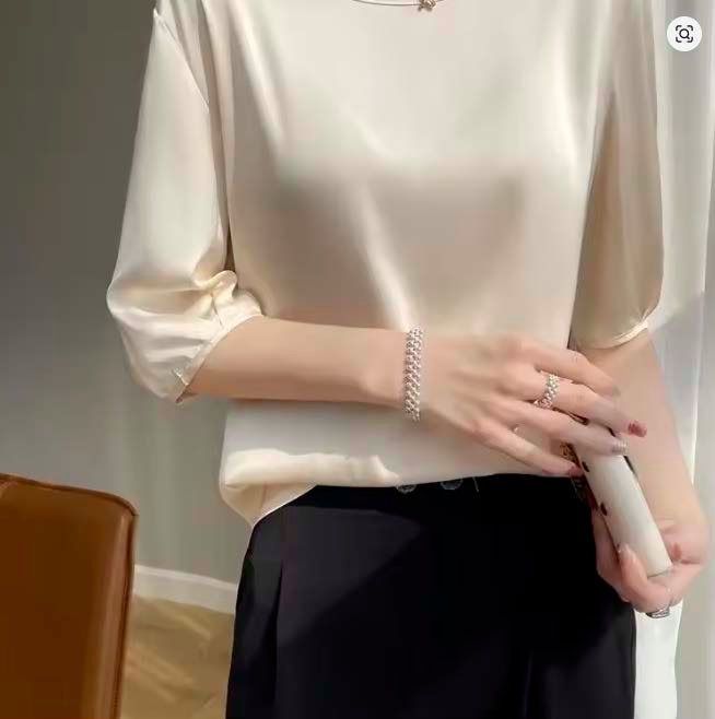 Women's beige satin-look half-sleeve blouse